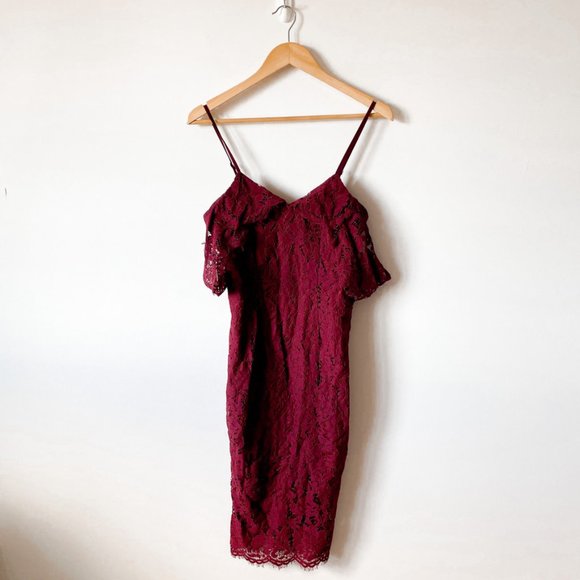 Boohoo Lace Open Shoulder Midi Dress Red Burgundy Sz 4 - Picture 4 of 11